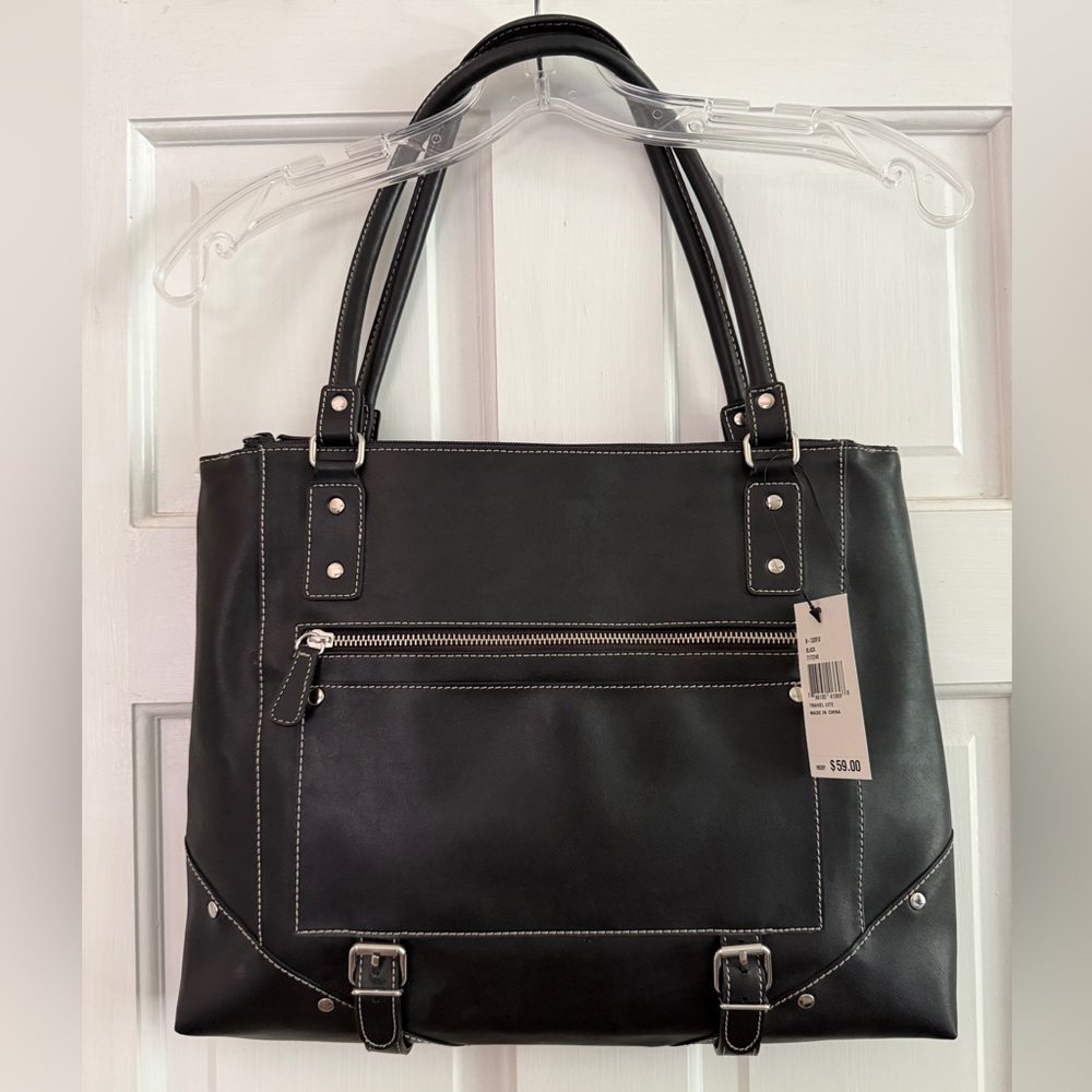 Nine West Black Tote Bag 16" wide by 13" tall with multi pockets. New with Tag.